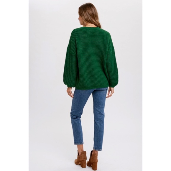 SOLD OUT Forest Green Waffle Knit Pullover Chunky Wide Puff Sleeve Casual - Picture 8 of 8